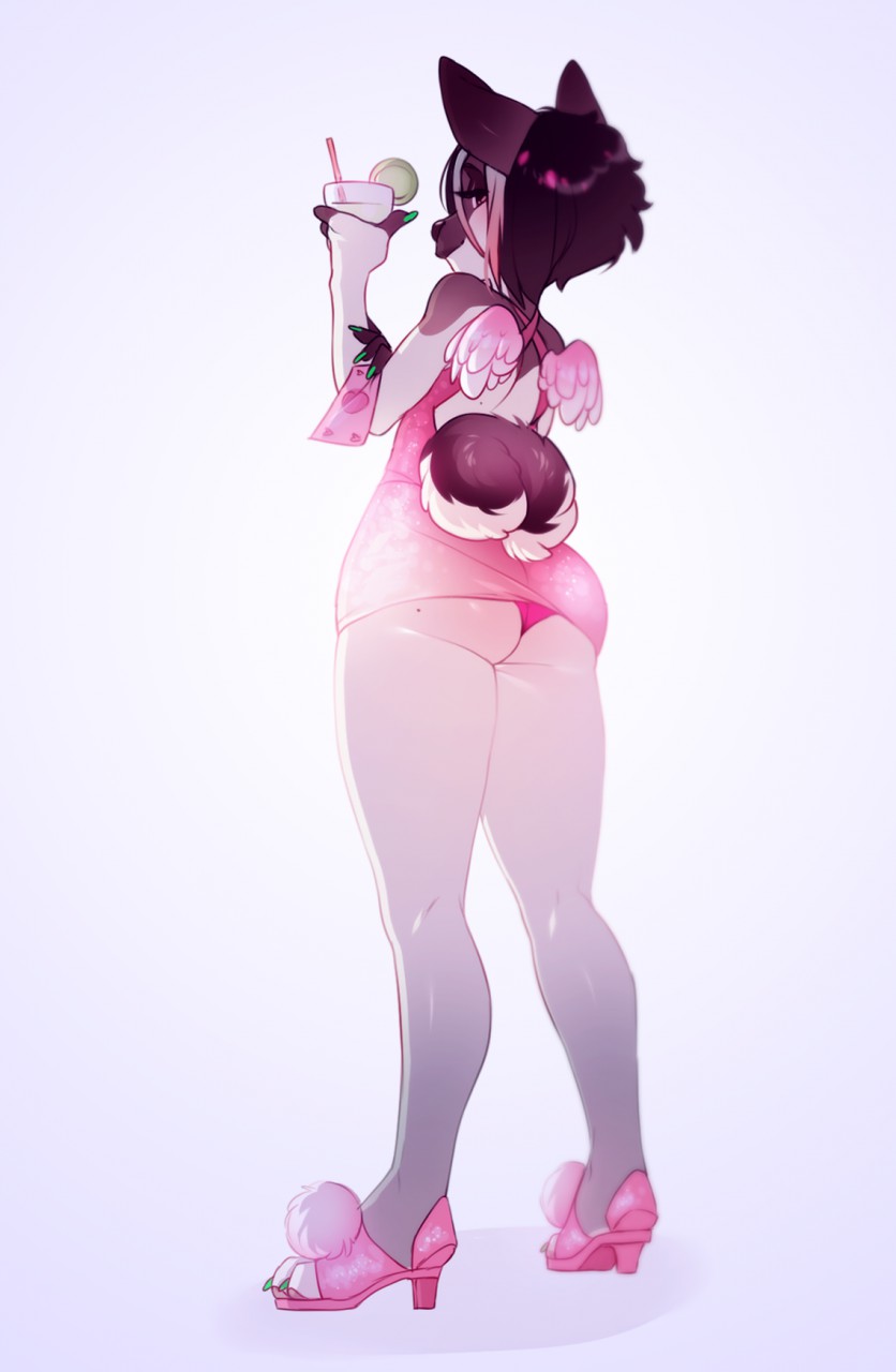 &lt;3 anthro bedroom_eyes beverage black_hair blue_hair brown_fur butt canine chihuahua clothed clothing dog dress female footwear frenky_hw fur grey_fur hair half-closed_eyes high_heels highlights looking_at_viewer looking_back mammal money panties pawpads paws pink_hair seductive shoes simple_background skimpy smile smirk solo standing thicco thick_thighs underwear white_background white_fur white_hair wings