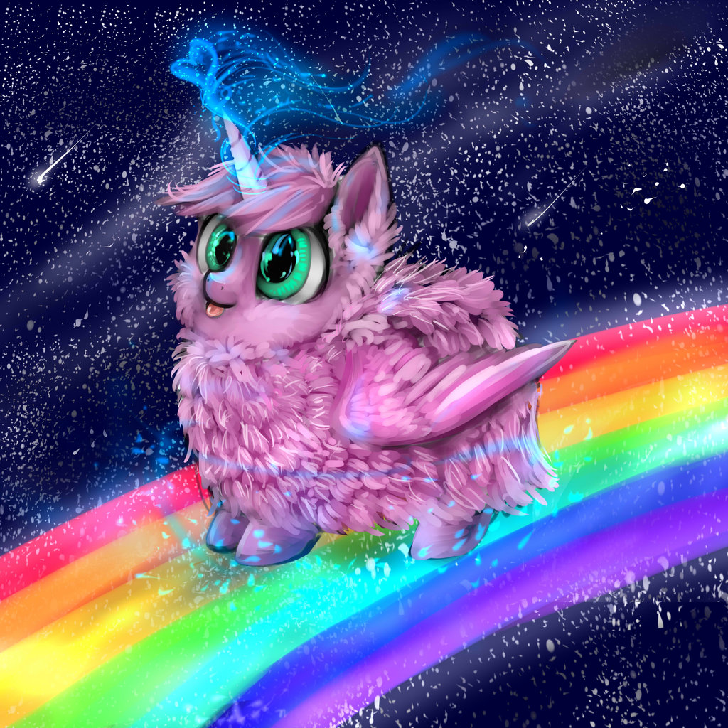 2016 alternate_species blep cute equine fan_character feathered_wings feathers female feral fluffle_puff fluffy full-length_portrait fur glowing_horn green_eyes hooves horn katemaximova magic mammal my_little_pony nude pink_feathers pink_fur portrait rainbow shooting_star solo space standing star tongue tongue_out winged_unicorn wings