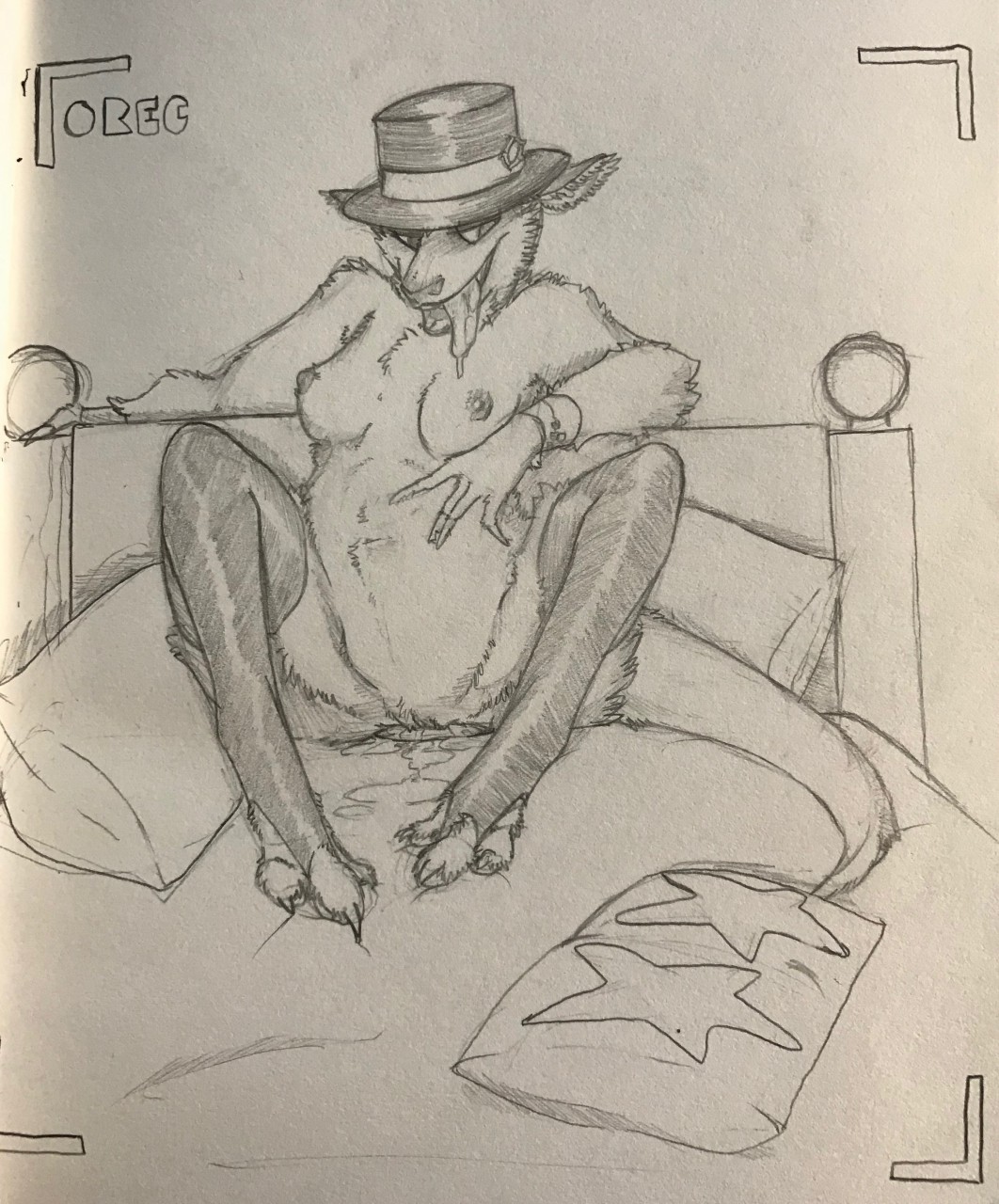 2019 ambiguous_penetration anthro bed breasts camera dildo female hat looking_at_viewer macropod magician mammal marsupial masturbation nude penetration pussy pussy_juice recording sex_toy sildre sketch solo spread_legs spreading tongue tongue_out