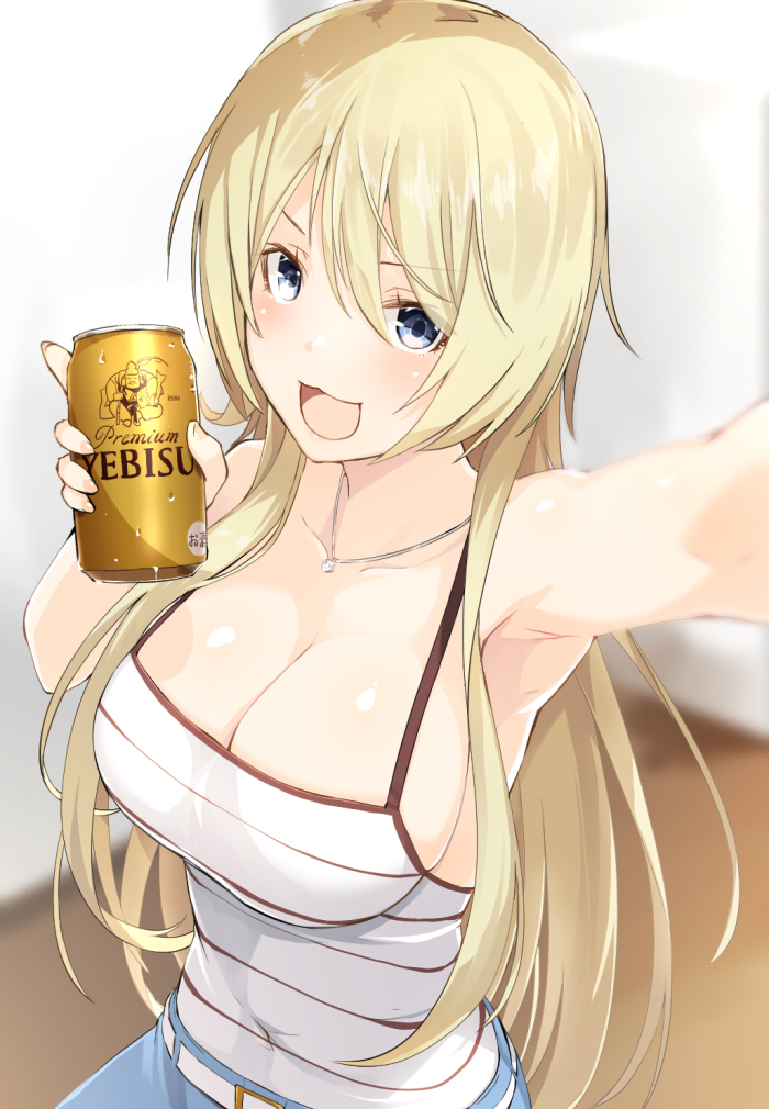 :3 :d arm_up armpits bangs bare_shoulders beer_can belt belt_buckle blonde_hair blue_eyes blurry blurry_background blush breasts buckle camisole can cleavage collarbone commentary_request covered_navel depth_of_field eyebrows_visible_through_hair foreshortening holding indoors jewelry kiriyama_nao large_breasts long_hair looking_at_viewer meth_(emethmeth) necklace open_mouth outstretched_arm pendant reaching_out self_shot shiny shiny_skin sleeveless smile solo straight_hair takunomi. upper_body v-shaped_eyebrows very_long_hair water_drop yebisu