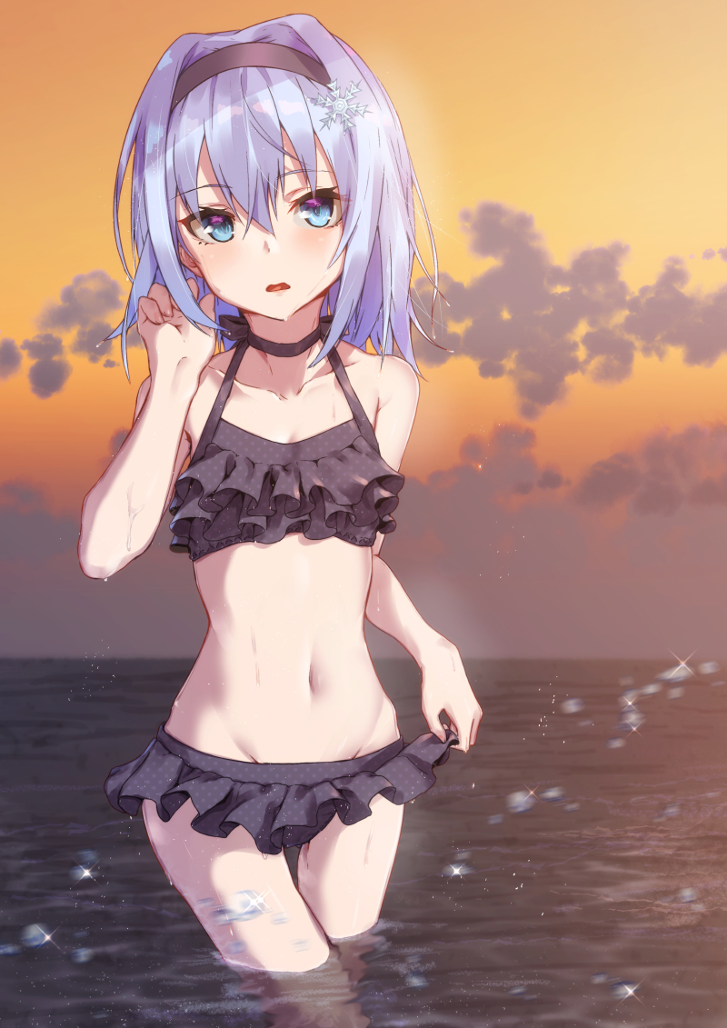 bangs bikini black_bikini blue_eyes blush breasts eyebrows_visible_through_hair frilled_bikini frills hair_ornament hairband looking_at_viewer navel open_mouth ryuuou_no_oshigoto! sahara386 short_hair silver_hair small_breasts snowflake_hair_ornament solo sora_ginko swimsuit twilight wading