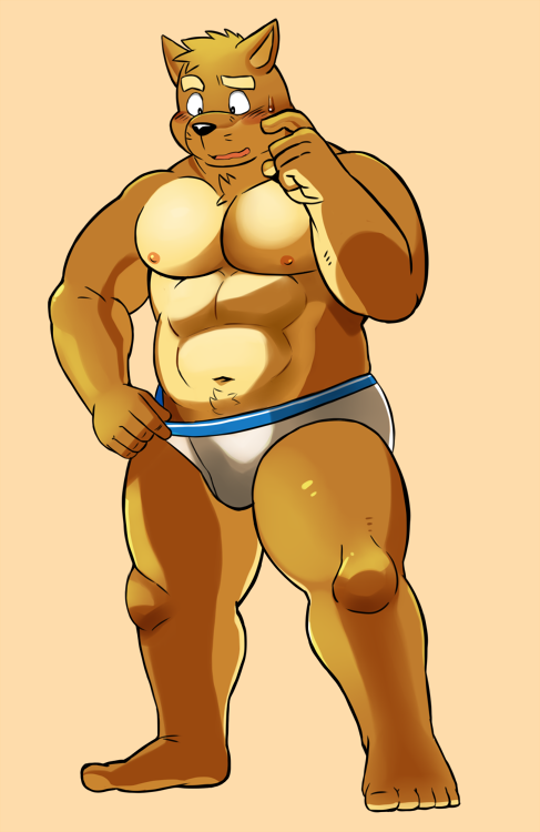 anthro barefoot big_muscles briefs canine clothed clothing dog kenta_shiba_(character) male mammal muscular muscular_male navel nipples orange_background shiba-kenta shiba_inu simple_background solo sweat sweatdrop topless underwear underwear_pull