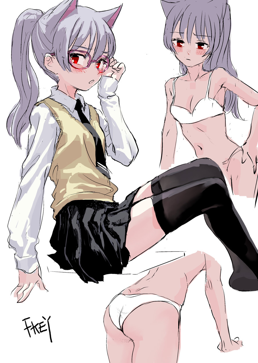 adjusting_eyewear artist_name ass bespectacled black_legwear black_neckwear blush bra breasts cleavage collared_shirt commentary_request eyebrows_visible_through_hair fkey glasses hand_on_hip highres long_sleeves looking_at_viewer medium_breasts midriff miniskirt multiple_girls navel necktie no_shoes original panties parted_lips pink-framed_eyewear pleated_skirt ponytail red_eyes shirt silver_hair simple_background sitting sketch skirt sweater_vest thighhighs underwear underwear_only vest white_background white_bra white_panties white_shirt yellow_vest zettai_ryouiki