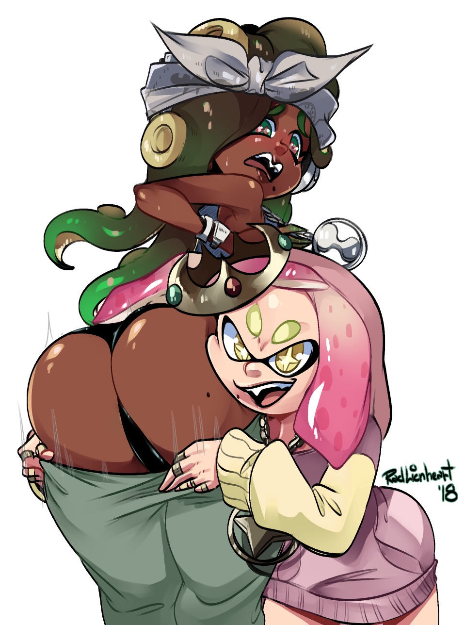 ass black_panties commentary crown dark_skin do-rag embarrassed face_in_ass from_behind highres hime_(splatoon) iida_(splatoon) jewelry looking_back mole mole_on_ass mole_under_mouth multiple_girls panties pants_pull pulled_by_another radlionheart ring splatoon_(series) splatoon_2 splatoon_2:_octo_expansion tentacle_hair thumb_ring underwear