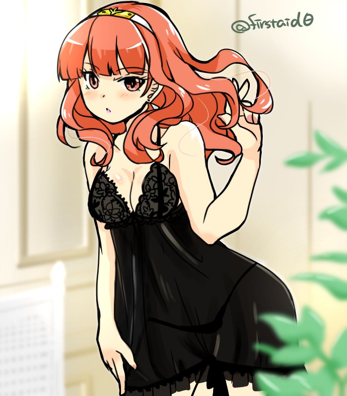 black_panties blush breasts celica_(fire_emblem) cleavage commentary_request fire_emblem fire_emblem_echoes:_mou_hitori_no_eiyuuou hand_in_hair lingerie long_hair medium_breasts nightgown panties playing_with_own_hair red_eyes red_hair see-through sleeveless solo underwear yukia_(firstaid0)