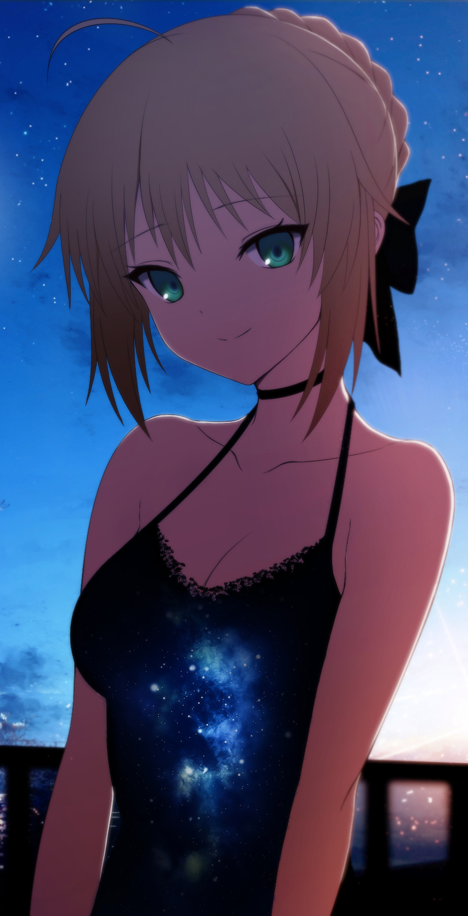 ahoge artoria_pendragon_(all) backlighting bad_id bad_pixiv_id bangs bare_arms bare_shoulders black_bow black_dress blonde_hair blue_sky blurry bow braid breasts casual cleavage closed_mouth cloud collarbone commentary_request day depth_of_field dress evening eyebrows_visible_through_hair fate/stay_night fate_(series) french_braid green_eyes hair_between_eyes hair_bow halterneck highres looking_at_viewer man_hi_dun print_dress railing saber shade short_hair sidelocks sky sleeveless sleeveless_dress small_breasts smile solo space_print star_(sky) starry_sky starry_sky_print twilight upper_body