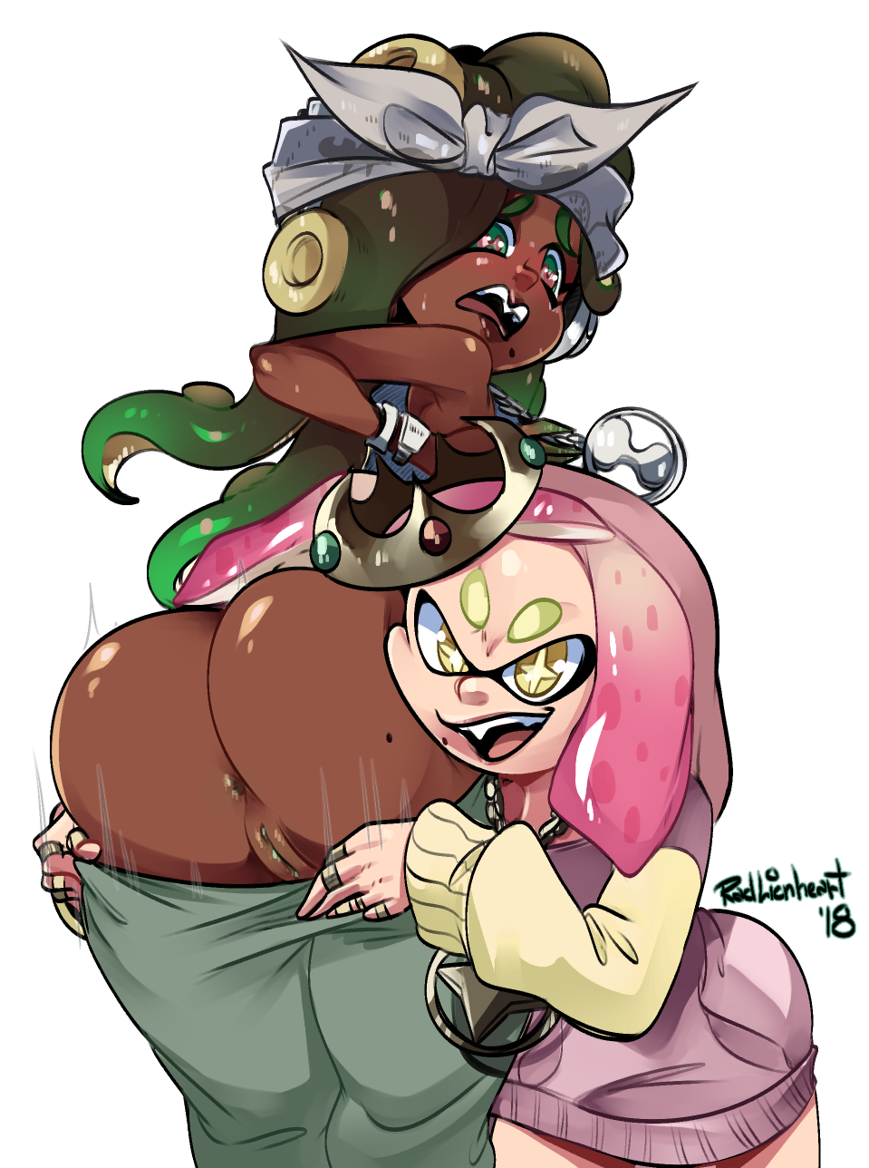 anus ass commentary crown dark_skin do-rag dress embarrassed face_in_ass from_behind highres hime_(splatoon) iida_(splatoon) jewelry looking_back mole mole_on_ass mole_under_mouth multiple_girls no_panties pants_pull pulled_by_another pussy radlionheart ring splatoon_(series) splatoon_2 splatoon_2:_octo_expansion sweater sweater_dress tentacle_hair thumb_ring uncensored yuri