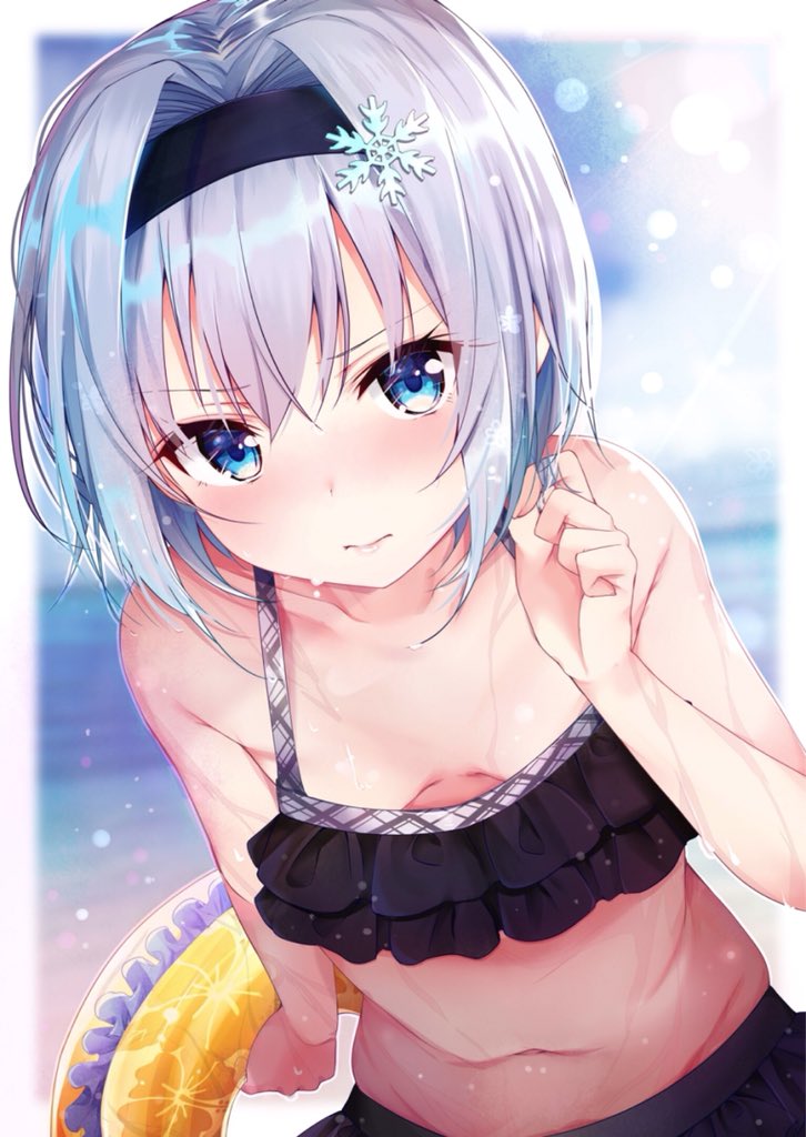 3: bikini black_hairband blue_eyes blurry blush breasts commentary_request day depth_of_field downblouse frilled_bikini frills hair_ornament hairband innertube leaning_forward looking_at_viewer navel outdoors rouka_(akatyann) ryuuou_no_oshigoto! short_hair silver_hair small_breasts snowflake_hair_ornament solo sora_ginko swimsuit wet yellow_innertube