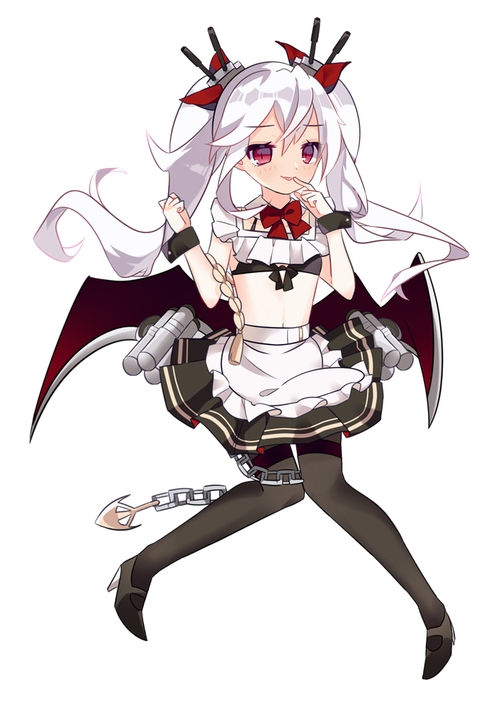 apron azur_lane bangs bikini_bottom black_bikini_top black_footwear black_legwear black_skirt blush cake_(isiofb) eyebrows_visible_through_hair finger_to_mouth frilled_apron frills hair_between_eyes hair_ornament hair_ribbon high_heels long_hair low_wings mary_janes navel pantyhose parted_lips pleated_skirt red_eyes red_ribbon red_wings ribbon shoes silver_hair simple_background skirt solo thighband_pantyhose twintails vampire_(azur_lane) very_long_hair waist_apron white_apron white_background wings wrist_cuffs