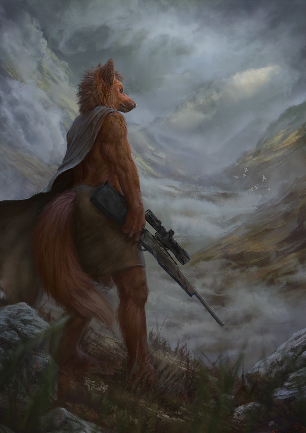 2018 anthro barefoot brown_fur canine day detailed_background digital_media_(artwork) fox fur grass gun holding_object holding_weapon latex_(artist) male mammal outside ranged_weapon standing weapon
