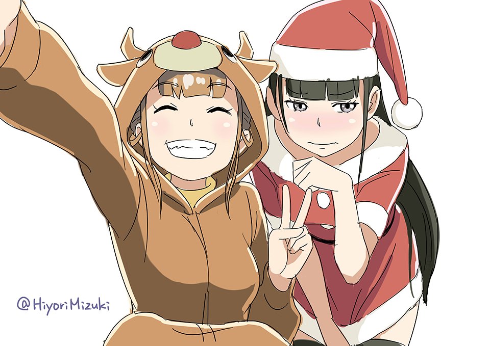 animal_costume antlers black_hair black_legwear blush christmas closed_eyes commentary_request cosplay cowboy_shot dress embarrassed eyebrows_visible_through_hair full-face_blush grey_eyes grin hat hiyori_mizuki kigurumi kobuchizawa_shirase long_hair looking_away miyake_hinata multiple_girls reaching_out reindeer_costume santa_costume santa_hat self_shot shiny shiny_skin simple_background smile sora_yori_mo_tooi_basho thighhighs twitter_username v white_background zettai_ryouiki