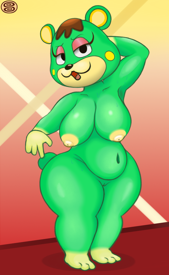 animal_crossing anthro bear big_breasts breasts charlise_(animal_crossing) female hair mammal nintendo nipples pussy short_stack slightly_chubby sweat swizzle thick_thighs video_games wide_hips