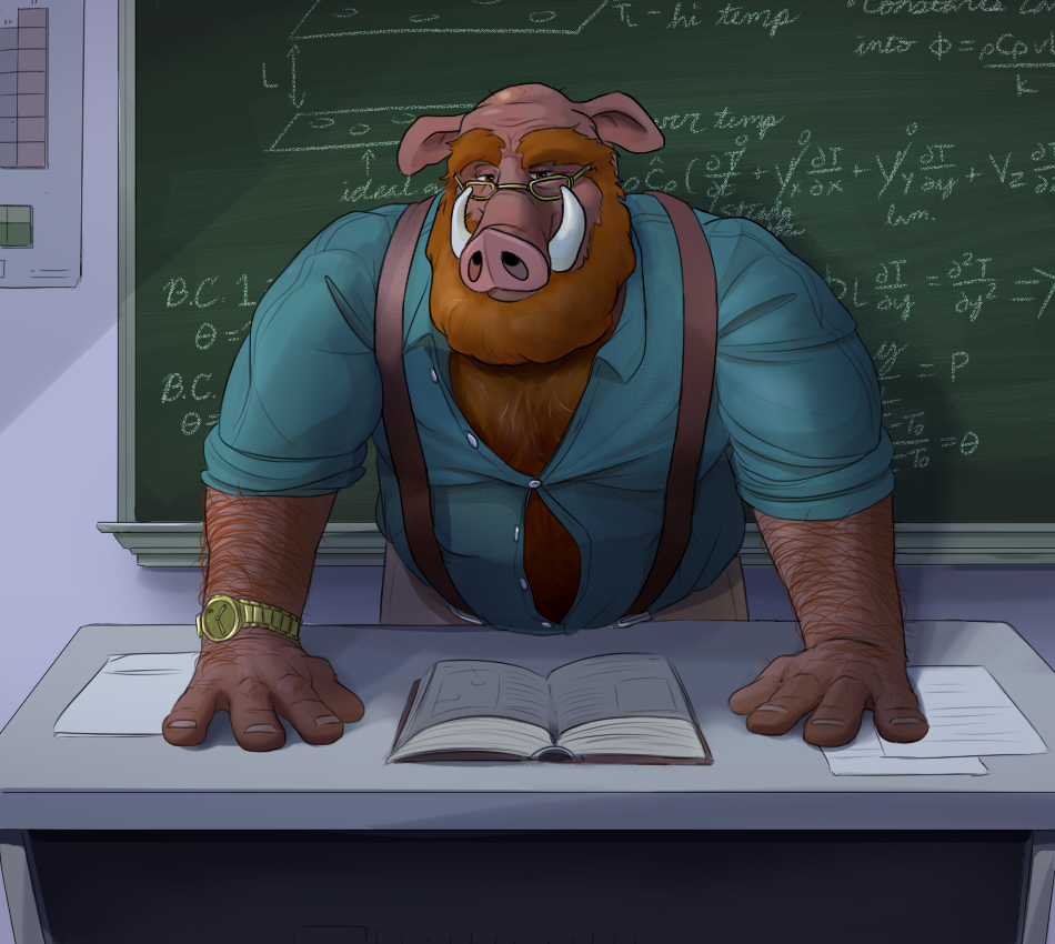 anthro bald beard boar book chalkboard facial_hair gator_(artist) male mammal mature_male musclegut muscular muscular_male porcine professor slightly_chubby solo teacher unbuttoned wristwatch