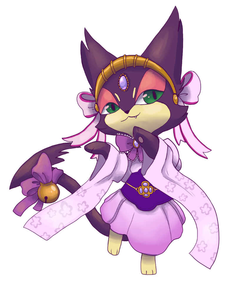 caesar_(4chan) cat cat_focus clothed_pokemon forehead_jewel full_body furry gem gen_5_pokemon green_eyes half-closed_eyes headband japanese_clothes jingle_bell looking_at_viewer no_humans paws pink_skirt pokemon purrloin skirt solo standing standing_on_one_leg tail tail_bell transparent_background wide_sleeves