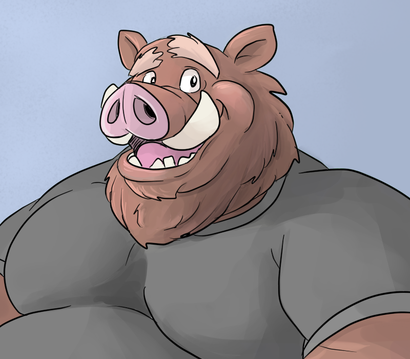 anthro belly boar clothing gator_(artist) looking_at_viewer male mammal moobs muscular muscular_male open_mouth porcine shirt smile solo teeth the_bogosphere