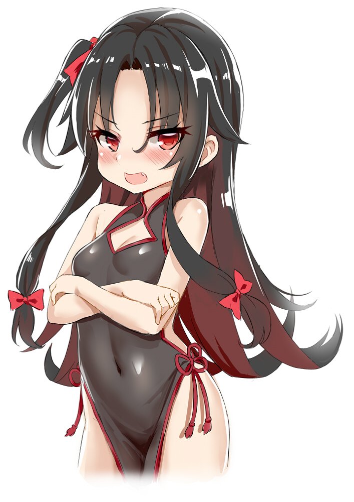 black_dress black_hair blush bow breasts china_dress chinese_clothes cleavage cleavage_cutout covered_navel cowboy_shot crossed_arms dress fang hair_bow long_hair looking_at_viewer one_side_up open_mouth pelvic_curtain red_eyes ryuuou_no_oshigoto! side_slit sidelocks simple_background small_breasts solo unname white_background yashajin_ai