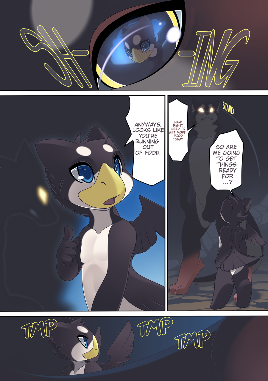 2018 anthro avian beak blue_eyes canine comic day digital_media_(artwork) digitigrade duo english_text gryphon hybrid male mammal nude outside phation rudragon standing text yellow_beak