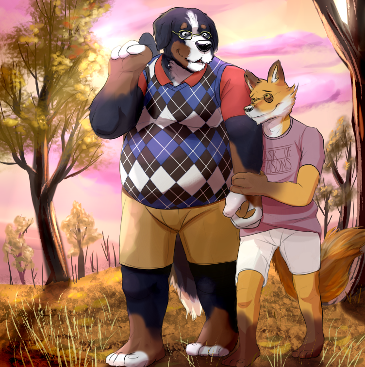 belly canine chirt clothing dog duo eyewear fox gator_(artist) glasses hand_holding happy male male/male mammal mike romantic_couple shorts sky smile stroll tree