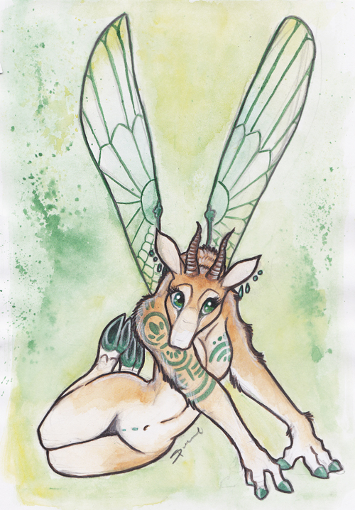 2011 3_fingers abstract_background antelope anthro arm_support biped breasts cloven_hooves colored_pencil_(artwork) digital_drawing_(artwork) digital_media_(artwork) ear_piercing eyelashes fairy featureless_breasts featureless_crotch female front_view full-length_portrait fur green_background green_eyes green_hooves green_markings green_theme hooved_fingers hooves horn insect_wings legs_together looking_up lying mammal markings mixed_media multicolored_fur navel on_side piercing pinup portrait pose saiga_antelope shiverz simple_background small_waist solo tan_fur tattoo traditional_media_(artwork) trunk two_tone_fur watercolor_(artwork) white_background white_fur wings