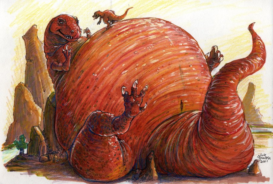 2001 belly big_belly claws dinosaur duo hyper hyper_belly nick_bondra outside overweight size_difference tongue traditional_media_(artwork)