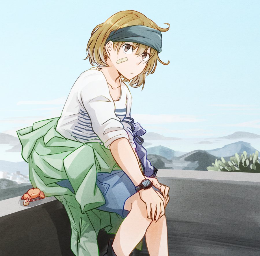 bandaid bandaid_on_face bindle blue_hairband brown_eyes brown_hair clothes_around_waist crab feet_out_of_frame hairband jacket_around_waist kantai_collection looking_at_viewer oboro_(kantai_collection) shakeda_mamoshirou shirt short_hair shorts sitting solo striped striped_shirt watch white_shirt wristwatch