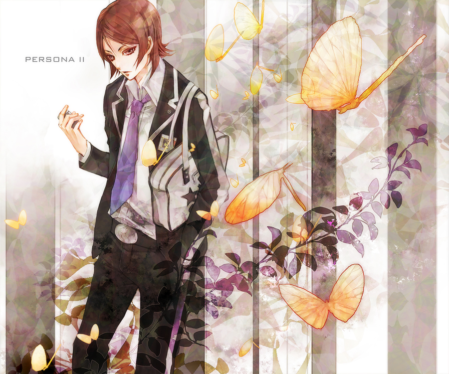 bad_id bad_pixiv_id bag belt blazer brown_eyes brown_hair bug butterfly hand_in_pocket insect jacket male_focus necktie open_collar persona persona_2 plant school_bag school_uniform single_vertical_stripe solo suou_tatsuya tottome unbuttoned