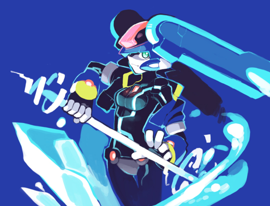 aile armor blue_eyes bodysuit glowing helmet ice neon_trim rockman rockman_zx shigehiro_(hiroi_heya) solo