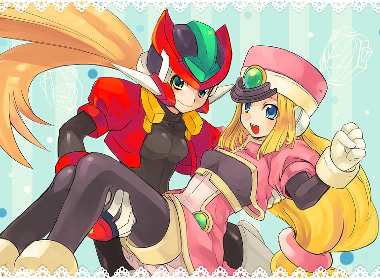 aile bad_id bad_pixiv_id blonde_hair blue_eyes bodysuit carrying green_eyes hat helmet long_hair model_zx multiple_girls open_mouth pantyhose ponytail prairie princess_carry rockman rockman_zx smile touge78