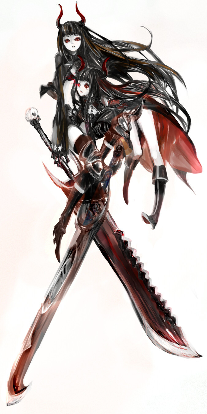 bad_id bad_pixiv_id banned_artist black_gold_saw black_hair black_rock_shooter boots coat dual_persona full_body highres horns huge_weapon king_saw long_hair red_eyes simple_background sword tribute weapon