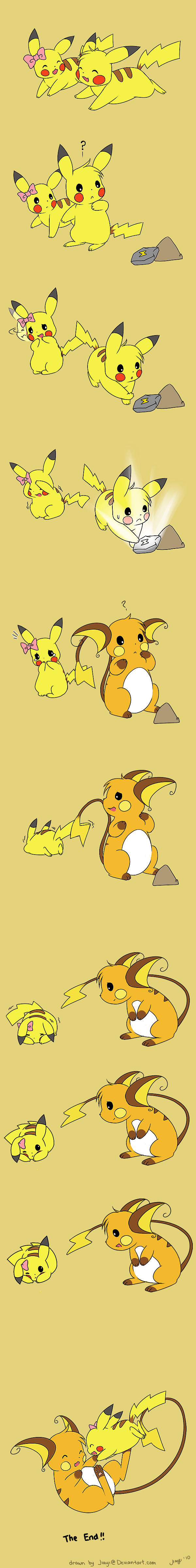 :d ? absurdres artrica bow comic commentary evolution gen_1_pokemon happy highres long_image no_humans open_mouth pikachu playing pokemon pokemon_(creature) poking raichu rock scared silent_comic simple_background smile tall_image tears thunder_stone trembling