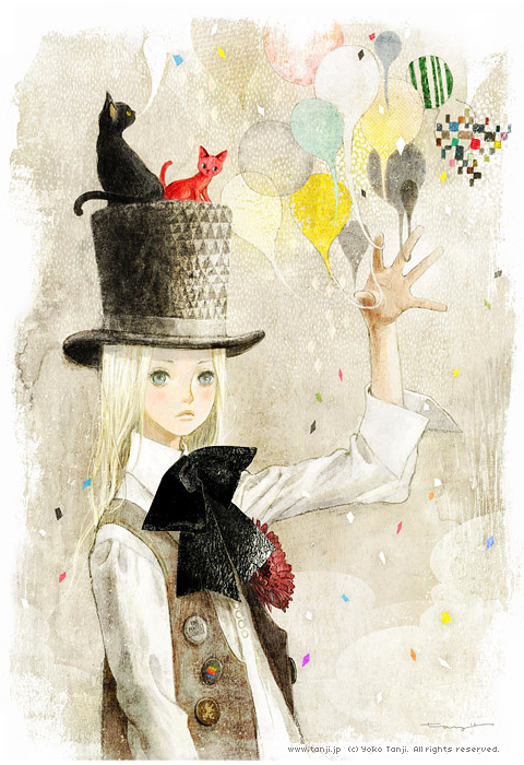 balloon blonde_hair bow bowtie cat hat long_hair original solo top_hat vest watermark yoko_tanji