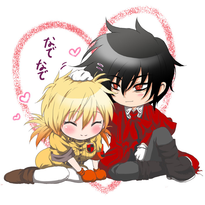 1girl alucard_(hellsing) black_hair blonde_hair blush chibi closed_eyes happy heart hellsing kurobe_sclock miniskirt petting seras_victoria skirt smile