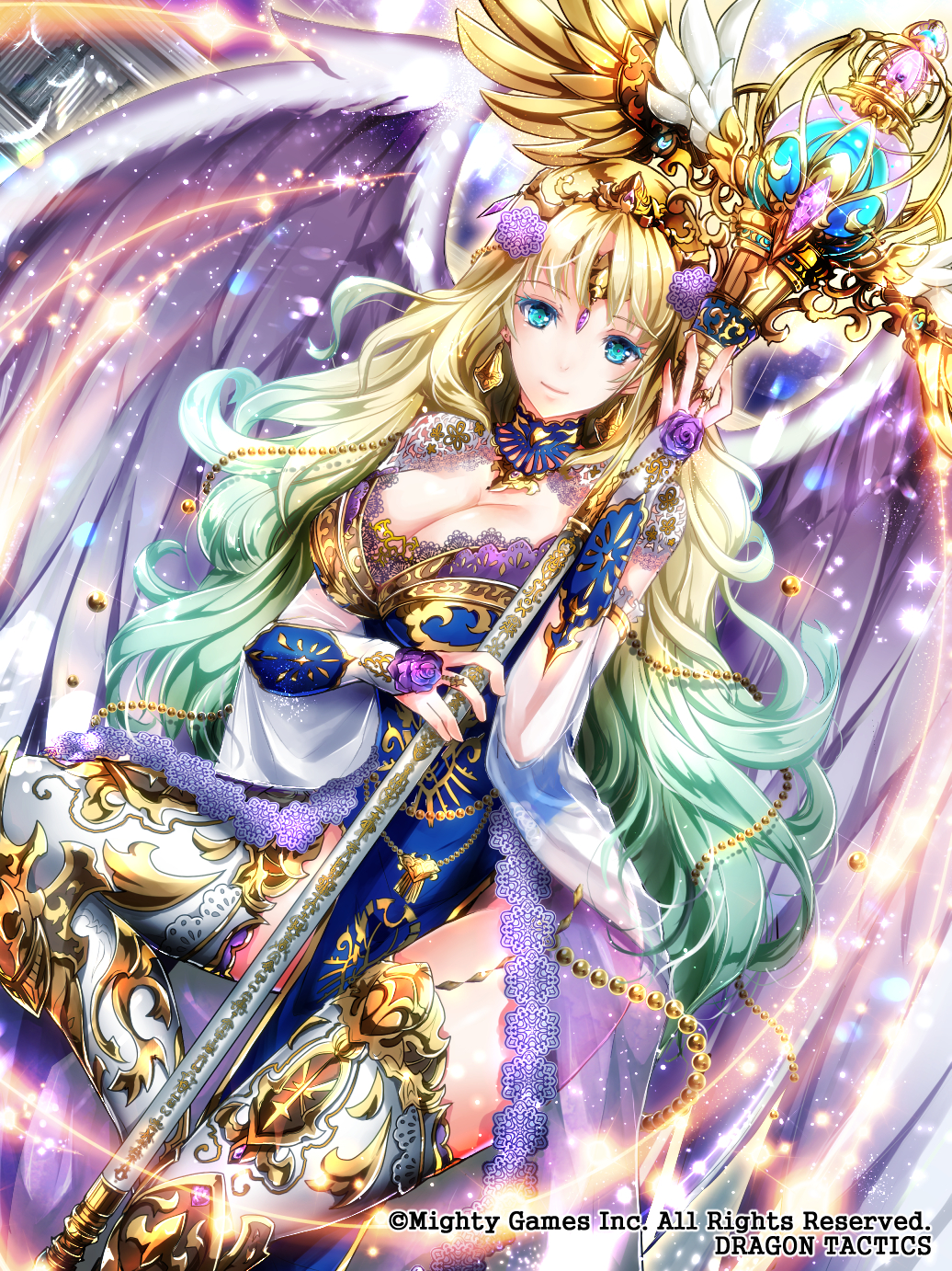 angel_wings aqua_hair arm_warmers blonde_hair blue_collar blue_dress blue_eyes breasts cleavage detached_collar dragon_tactics dress flower forehead_jewel gold_trim gradient_hair hair_ornament highres holding holding_staff lace long_hair looking_at_viewer multicolored_hair official_art purple_flower sitting skyscope staff thighhighs tiara very_long_hair white_legwear white_wings wings