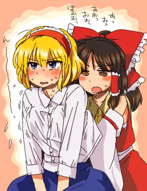 alice_margatroid bare_shoulders blonde_hair blue_eyes blush bon_(rump) bow breast_grab brown_eyes brown_hair buttons commentary_request detached_sleeves drooling grabbing hair_bow hair_tubes hairband hakurei_reimu hand_under_clothes lolita_hairband long_hair long_sleeves multiple_girls open_mouth red_bow shirt short_hair sweat touhou white_shirt yuri