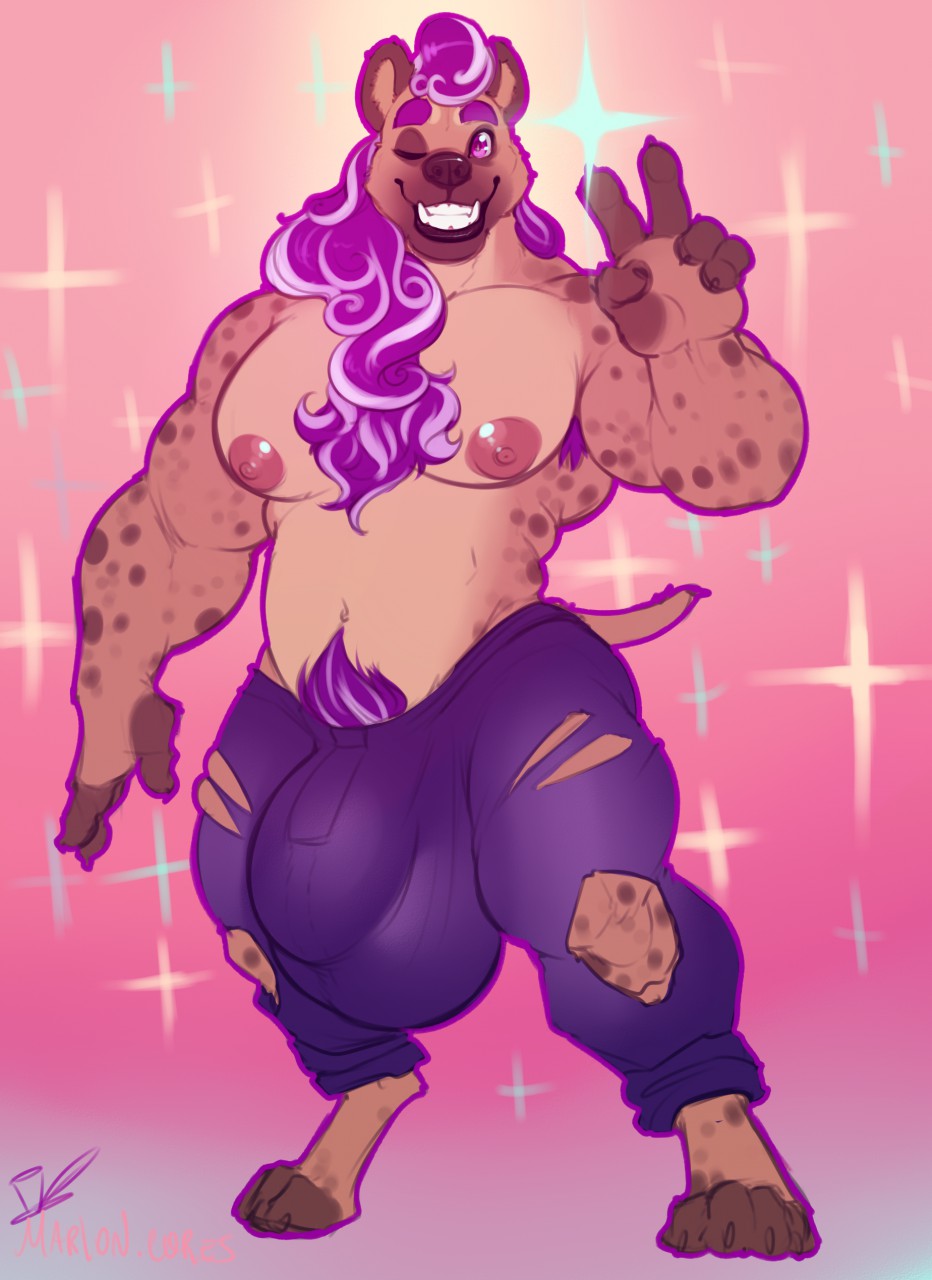 anthro armpit_hair bulge clothed clothing girly hyena hyper hyper_bulge looking_at_viewer makeup male mammal marlon.cores muscular muscular_male pecs pubes smile solo standing topless torn_clothing