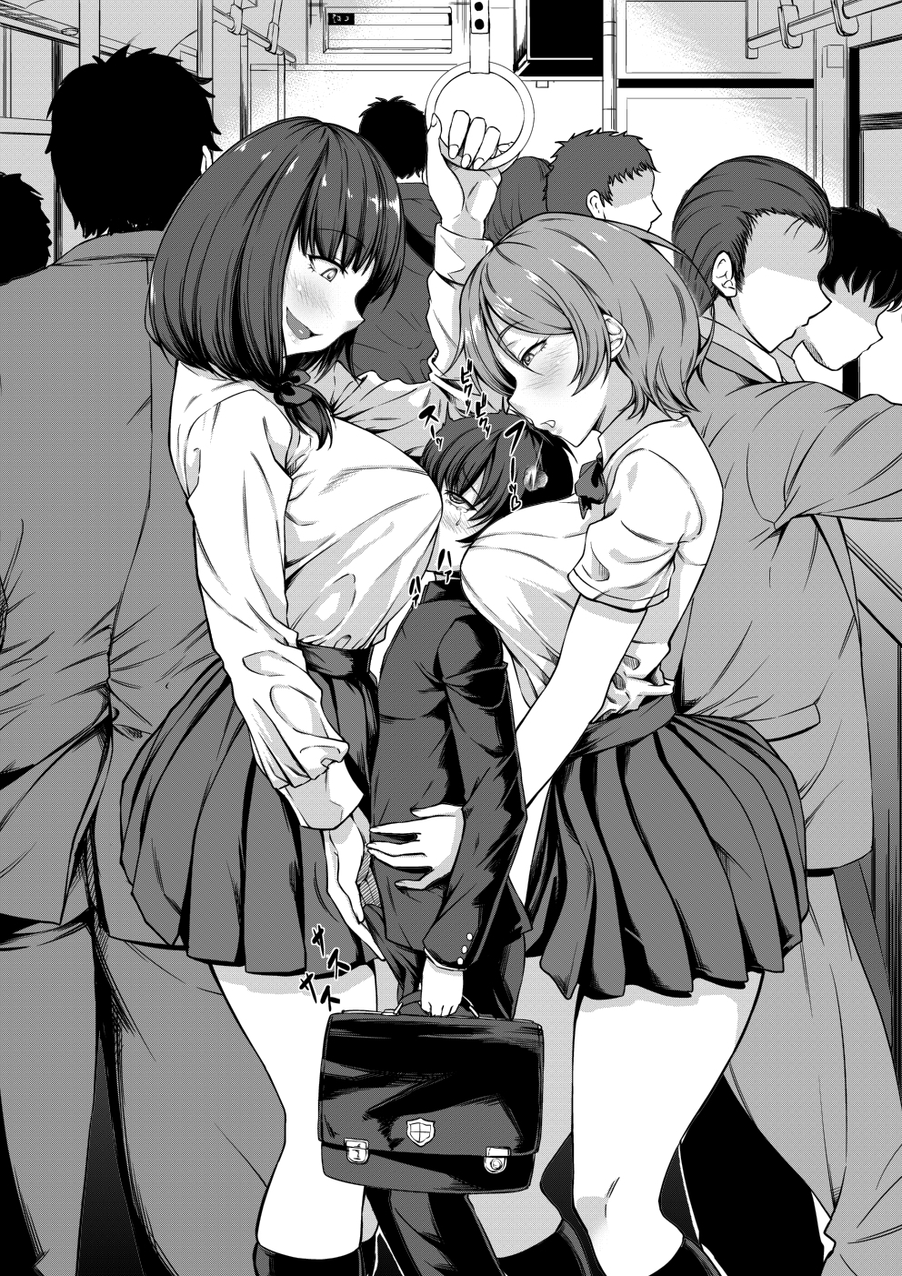 3girls 6+boys :d age_difference bag blush breasts bulge bus_interior chikan gakuran greyscale highres kinntarou kneehighs large_breasts monochrome multiple_boys multiple_girls open_mouth original pleated_skirt school_bag school_uniform shirt_tucked_in short_hair skirt smile tears