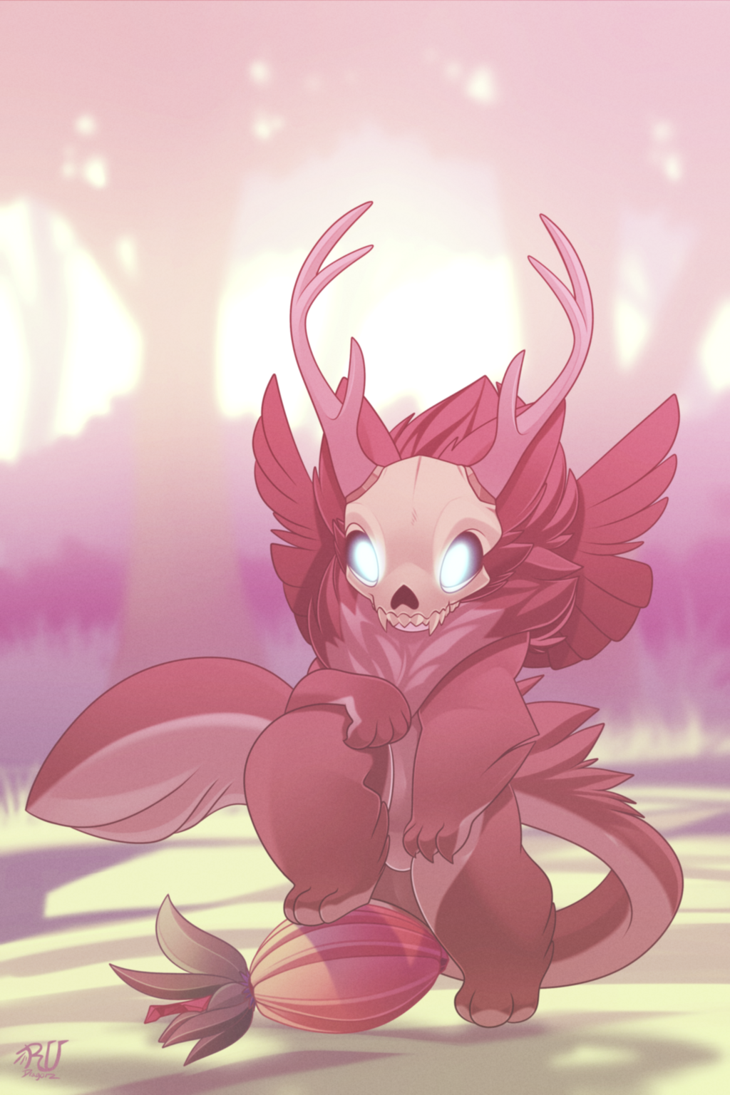 anthro avian blurred_background detailed_background fluffy food fruit glowing glowing_eyes gryphon hi_res rudragon skull wings