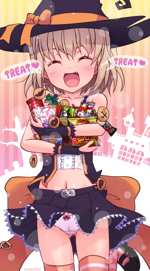 :d animal_print ass_visible_through_thighs bat_print belt_buckle black_footwear black_shirt black_skirt blonde_hair bow bow_panties buckle cameltoe candy closed_eyes commentary_request cowboy_shot crotch_seam emblem english eyebrows_visible_through_hair facing_viewer fang food girls_und_panzer halloween halloween_costume hat hat_bow heart holding k10k katyusha lace lace-trimmed_skirt large_bow leg_up lens_flare mary_janes midriff miniskirt navel open_mouth orange_background orange_bow orange_legwear panties pleated_skirt pravda_(emblem) shirt shoes short_hair skirt sleeveless smile solo standing standing_on_one_leg striped striped_background tank_top twitter_username underwear vertical-striped_background vertical_stripes white_panties witch witch_hat