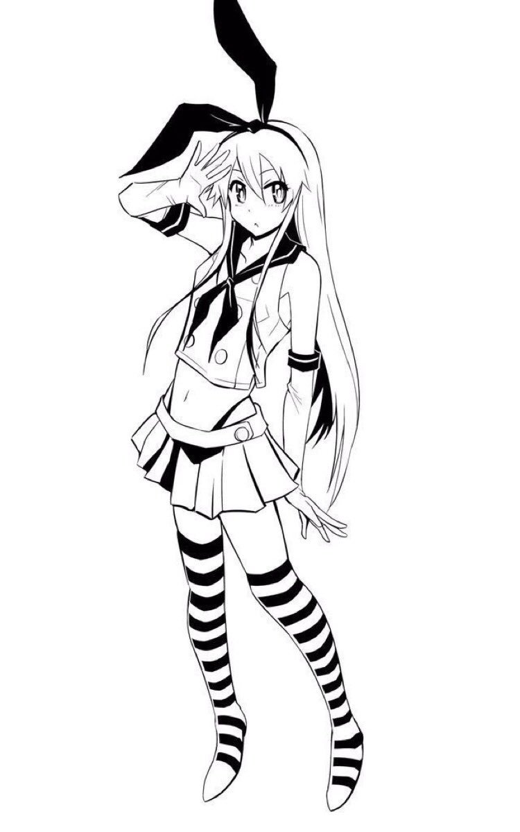 animal_ears bunny_ears commentary_request crop_top elbow_gloves fake_animal_ears gloves greyscale hair_between_eyes hairband hand_up highres inoue_kousei kantai_collection long_hair monochrome navel neckerchief pleated_skirt school_uniform serafuku shimakaze_(kantai_collection) shirt skirt sleeveless sleeveless_shirt solo striped striped_legwear thighhighs very_long_hair white_background