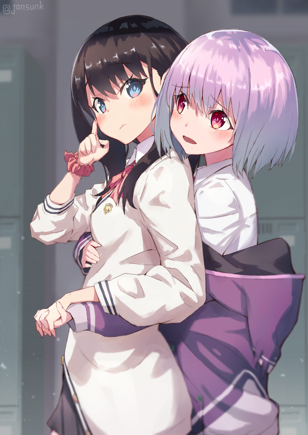 2girls black_hair blue_eyes blush cardigan closed_mouth commentary_request eyebrows_visible_through_hair highres hug hug_from_behind indoors jonsun long_sleeves looking_at_another multiple_girls open_mouth pink_hair red_eyes red_scrunchie scrunchie shinjou_akane shirt short_hair ssss.gridman takarada_rikka twitter_username white_cardigan white_shirt wrist_scrunchie yuri