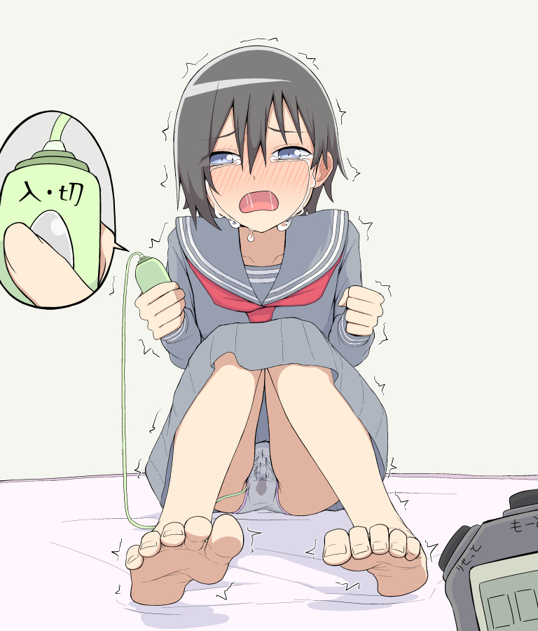 1girl bangs barefoot black_hair blue_eyes blush clenched_hand clitoral_stimulation close-up collarbone crying eyebrows_visible_through_hair feet female flat_chest full_body grey_panties grey_sailor_collar grey_shirt grey_skirt half-closed_eyes hands_up holding indoors japanese_text knees_together_feet_apart long_sleeves looking_at_viewer masturbation neckerchief nose_blush on_bed open_mouth original panties pantyshot pantyshot_(sitting) pleated_skirt pussy_juice red_neckwear remote_control_vibrator sailor_collar saliva salpin school_uniform serafuku shiny shiny_hair shirt short_hair sitting skirt solo tears textless toenails toes translation_request trembling underwear upskirt vibrator vibrator_cord vibrator_under_clothes wet wet_clothes wet_panties