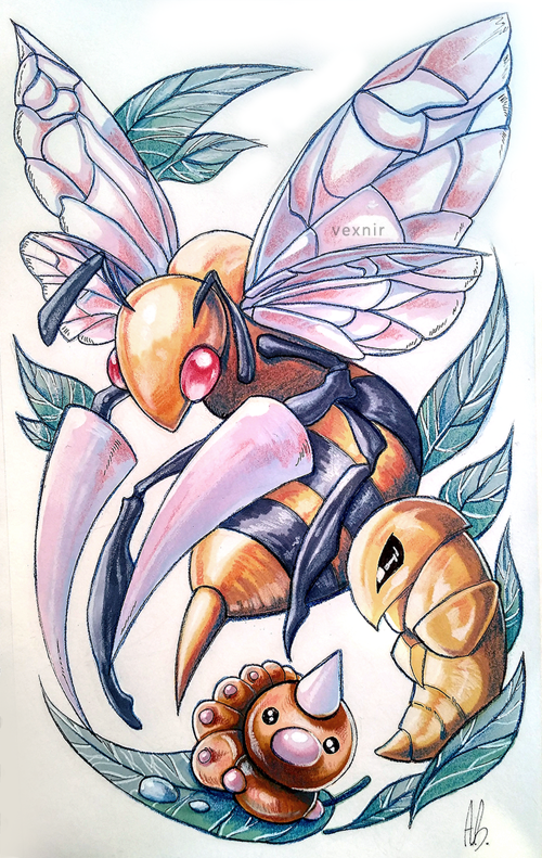bee beedrill bug creature creatures_(company) deviantart_username evolution game_freak gen_1_pokemon horn insect kakuna leaf looking_at_viewer looking_away nintendo no_humans pokemon pokemon_(creature) red_eyes stinger striped vexnir weedle wings