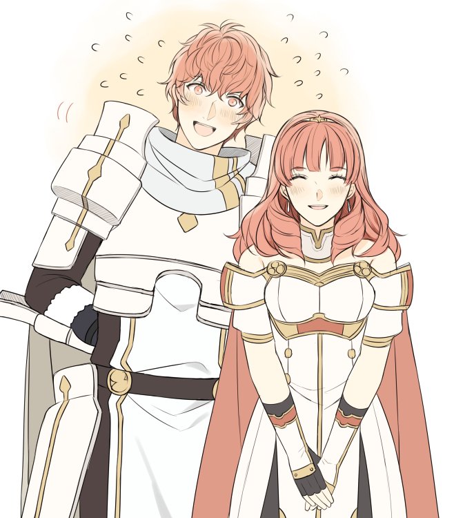1girl armor aym_(ash3ash3ash) cape celica_(fire_emblem) conrad_(fire_emblem) dress earrings fingerless_gloves fire_emblem fire_emblem_echoes:_mou_hitori_no_eiyuuou gloves jewelry long_hair looking_at_viewer open_mouth red_eyes red_hair smile tiara
