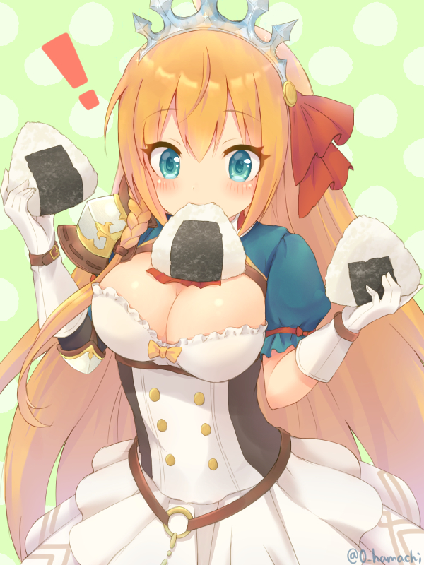 1girl blonde_hair blue_eyes breasts food food_in_mouth holding holding_food large_breasts o_hamachi onigiri pecorine princess_connect! princess_connect!_re:dive tiara