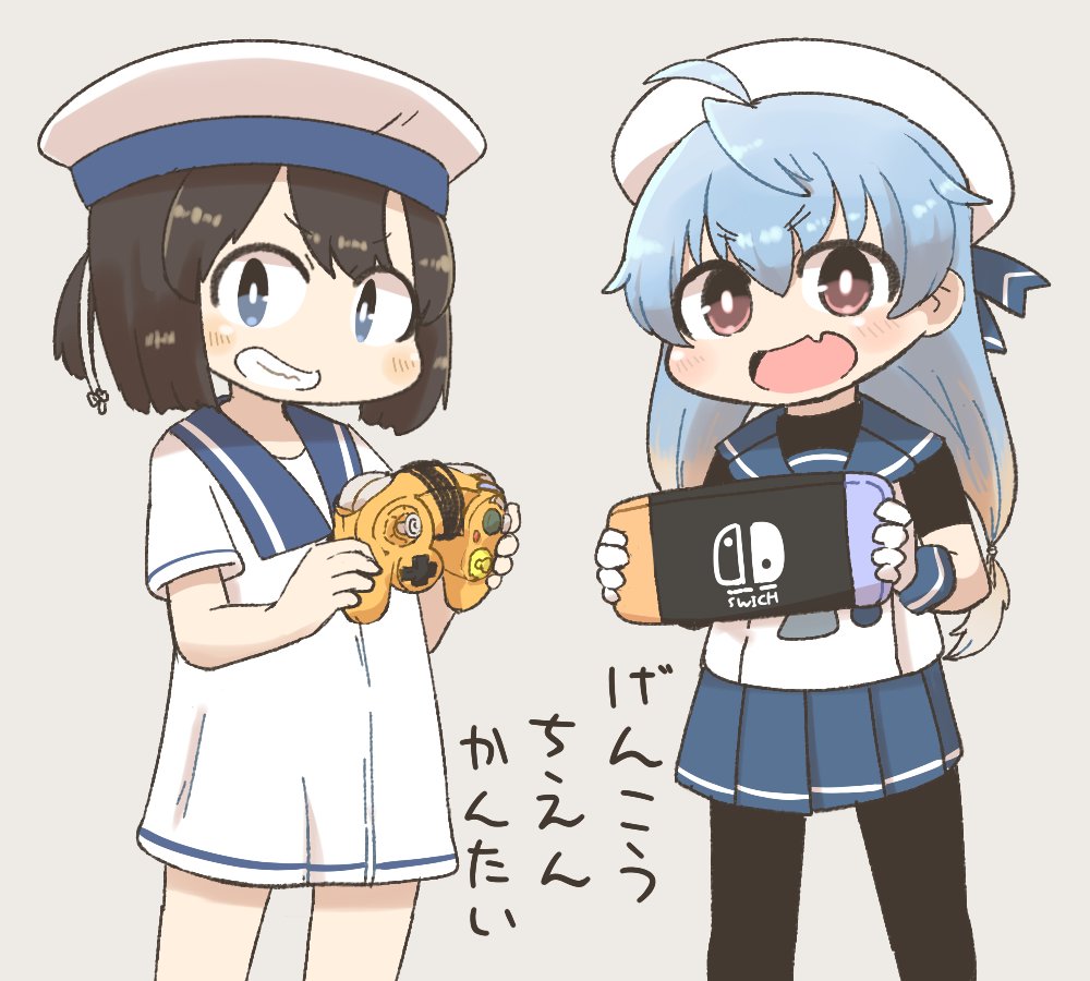2girls ahoge bangs black_hair black_legwear blue_eyes blue_hair blue_neckwear blue_sailor_collar blue_skirt blush controller daitou_(kantai_collection) dress eyebrows_visible_through_hair fang game_console game_controller gamecube gamecube_controller gloves gradient_hair grin hat holding inishie kantai_collection long_hair looking_at_viewer multicolored_hair multiple_girls nintendo_switch open_mouth pantyhose pleated_skirt red_eyes sado_(kantai_collection) sailor_collar sailor_dress sailor_hat school_uniform serafuku shiny shiny_hair short_hair short_ponytail simple_background skirt smile translation_request white_gloves white_hat