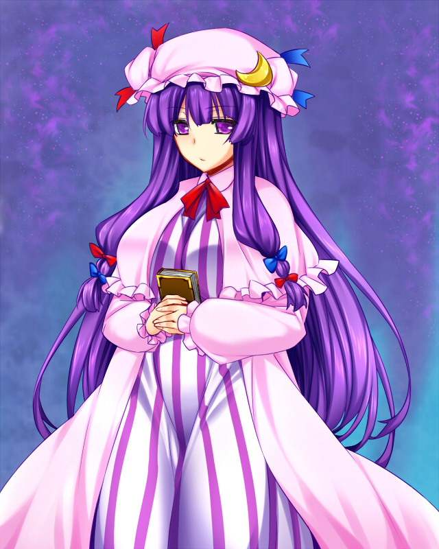 1girl abe_inori bangs book breasts commentary_request expressionless frilled_hat frilled_sleeves frills hair_spread_out hat holding holding_book jitome large_breasts long_hair long_sleeves looking_at_viewer mob_cap multi-tied_hair patchouli_knowledge pink_hat pinstripe_pattern purple_eyes purple_hair shiny shiny_hair sidelocks solo standing striped touhou vertical_stripes very_long_hair