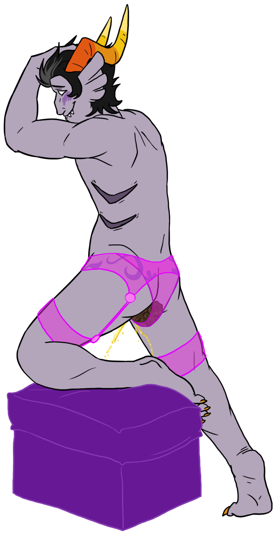 clothing conditional_dnp cronus_ampora digital_drawing_(artwork) digital_media_(artwork) feces garter homestuck horn lingerie messing ms_paint_adventures scat troll_(homestuck) urine watersports wetting wolftacos