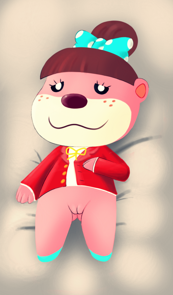 animal_crossing bow_tie clothed clothing female freckles looking_at_viewer lottie_(animal_crossing) lying mammal mustelid nintendo otter pussy sheepwithcrystallicfur smile video_games