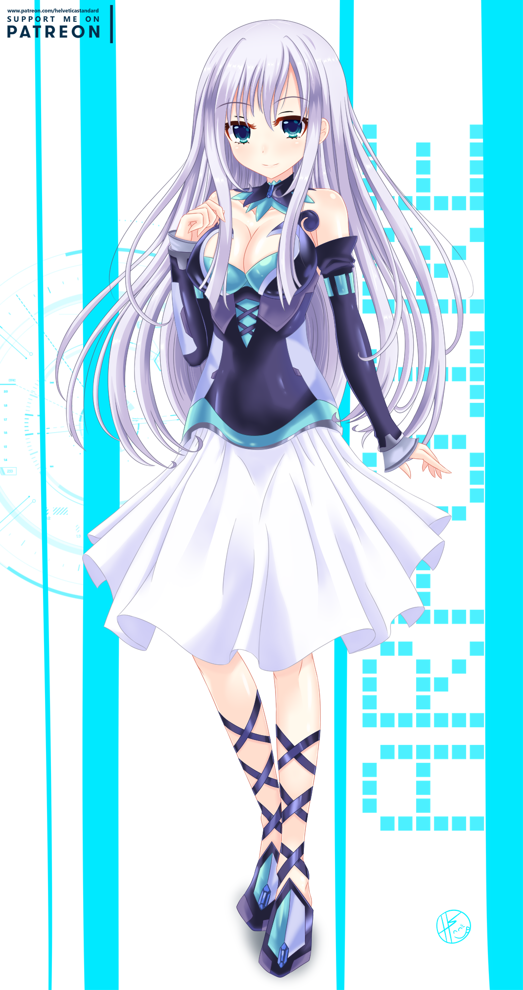 bangs bare_shoulders blue_eyes blush eyebrows_visible_through_hair hair_between_eyes helvetica_5tandard highres light_persona long_hair looking_at_viewer magiquone neptune_(series) smile solo