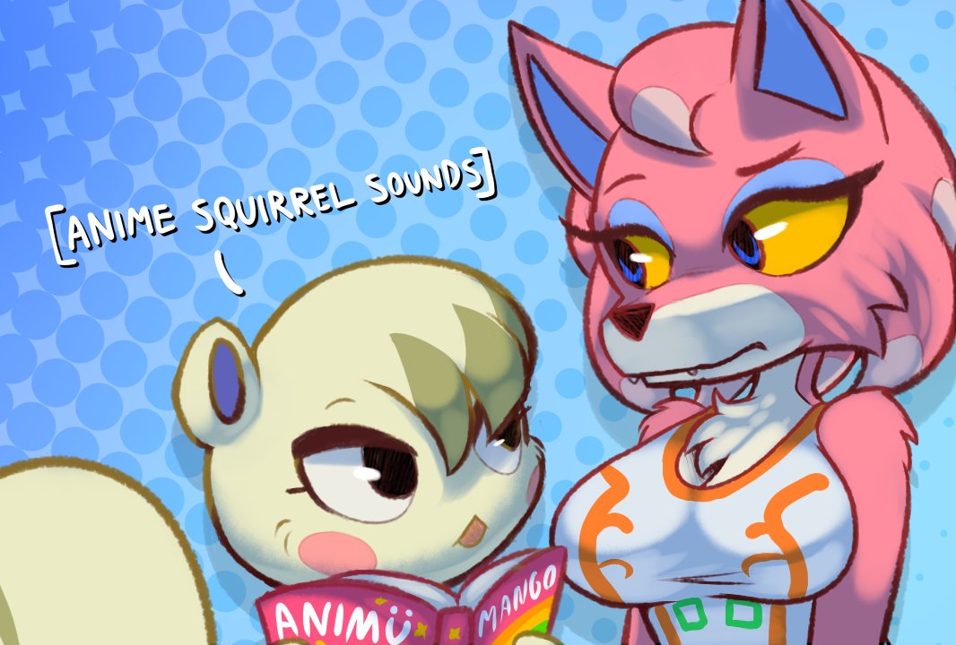 :&lt; abstract_background animal_crossing anthro blue_eyes blush_sticker book breasts canine chest_tuft cleavage clothed clothing duo eyelashes female freya_(animal_crossing) fur male mammal marshal_(animal_crossing) nintendo open_mouth pink_fur rodent shirt squirrel teckworks text tuft video_games white_fur wolf yellow_sclera